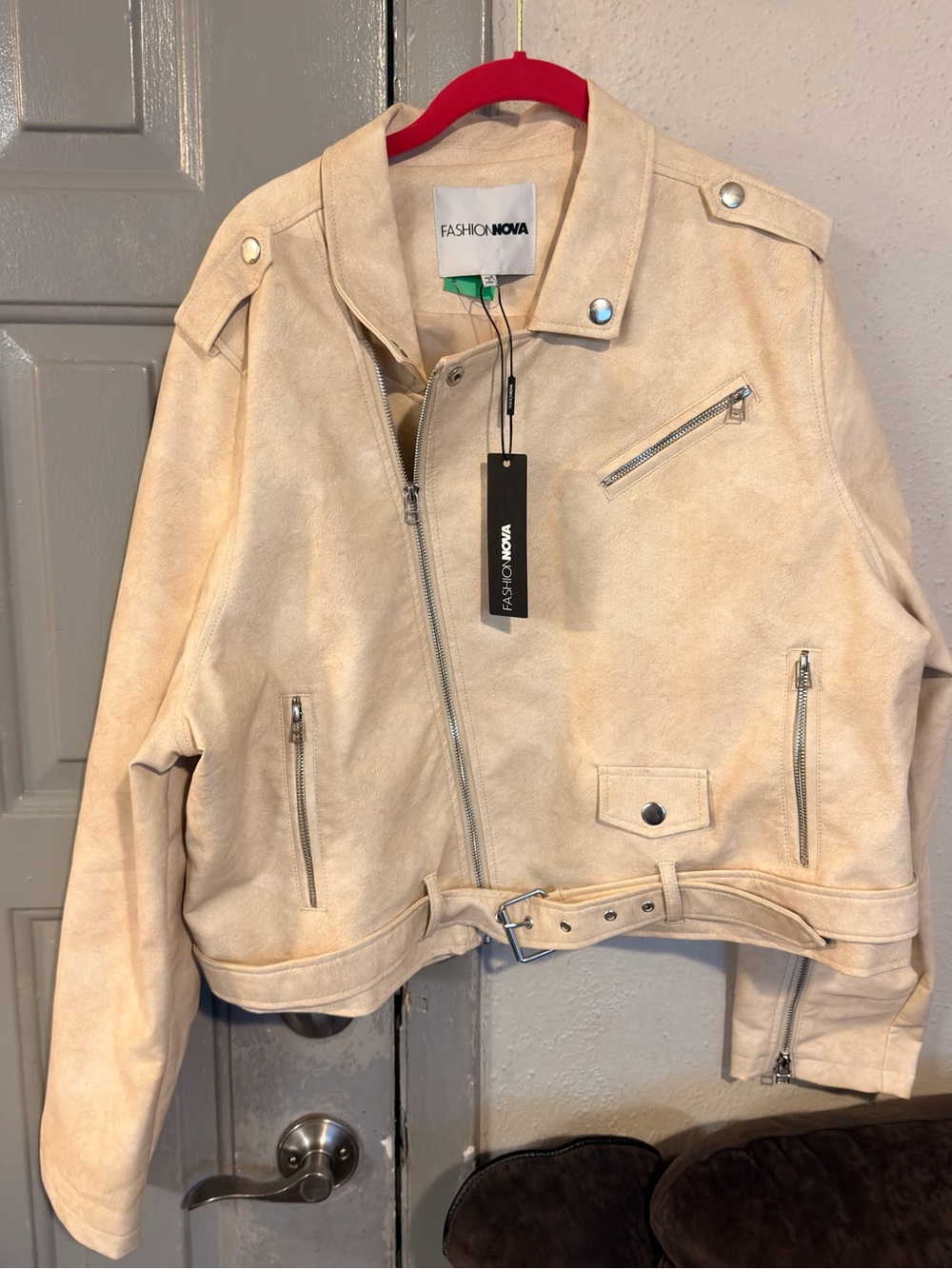 Fashion Nova Cream Cropped Moto Jacket with Belt - Picture 5 of 8